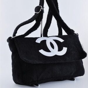 Chanel Precision Novelty Terry Cloth Messenger Shoulder Black CoCo Mark Handbag